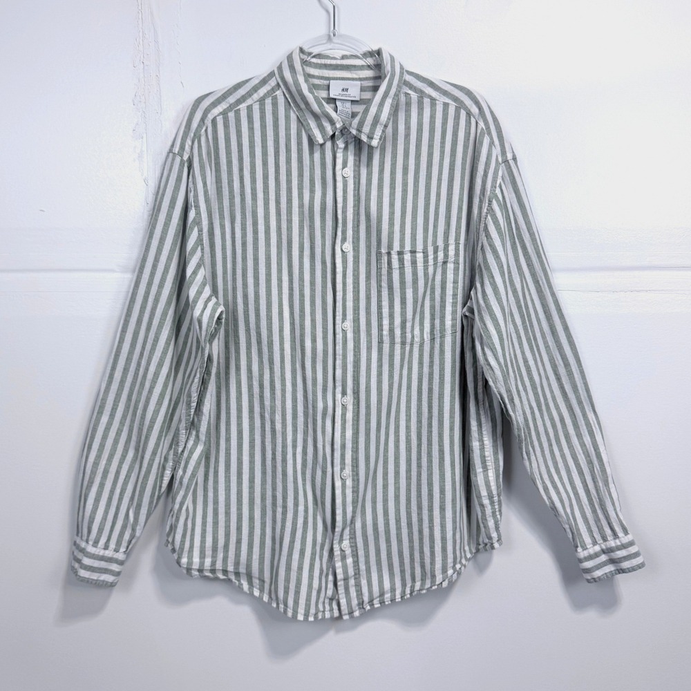 HM Relaxed Fit Linen Blend Striped Button Down Shirt Sage Green White Mens L